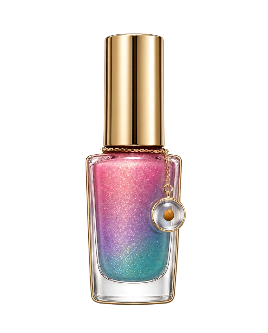Polish & Pixie Dust nail polish bottle with iridescent pink, purple and teal polish